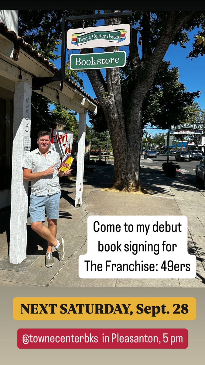 CamInman's tweet photo. Save The Date: 
Next Saturday, Sept. 28, 5-6 pm 
HAPPY HOUR BOOK SIGNING 

Pleasanton’s @TowneCenterBks is hosting my first official signing on my new book The Franchise: 49ers

Officially hits bookstores’ shelves this Tuesday. Come toast at my event next Saturday https://t.co/hwssModHdQ