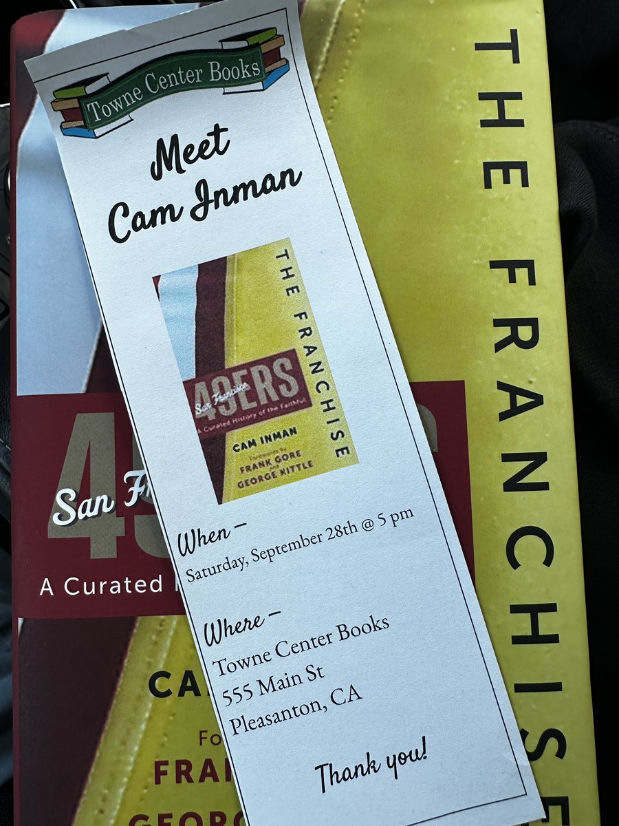 Save The Date: 
Next Saturday, Sept. 28, 5-6 pm 
HAPPY HOUR BOOK SIGNING 

Pleasanton’s <a href="/TowneCenterBks/">Towne Center Books</a> is hosting my first official signing on my new book The Franchise: 49ers

Officially hits bookstores’ shelves this Tuesday. Come toast at my event next Saturday