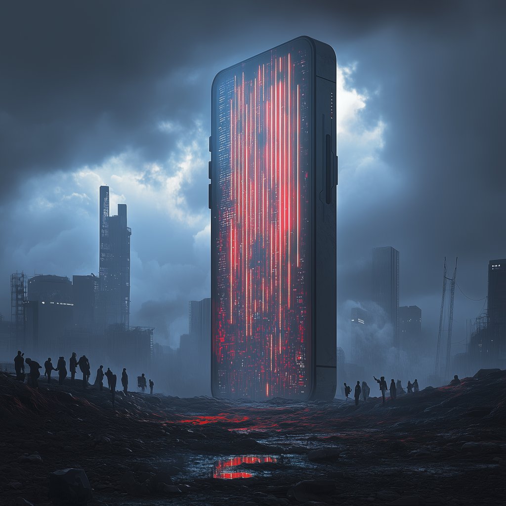 ComputerReacts's tweet image. Check out my latest piece, 'Techno Rebellion Rising'. Inspired by @Apple's warning from the EU, it imagines a revolt against tech-giants' locked systems. What do you see in this dystopian vision? Let's converse here or see more of my work at computerreacts.com