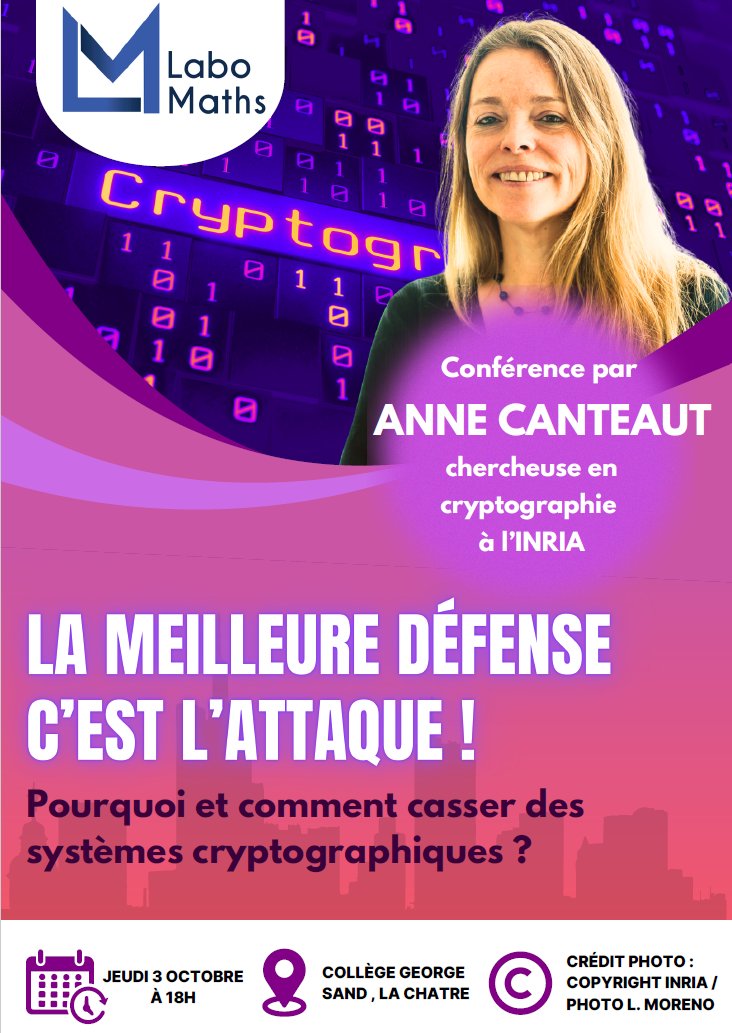 Anne Canteaut de <a href="/Inria/">Inria</a> ouvrira cette nouvelle année au #LaboMaths de La Châtre.

#LaboMaths_OT