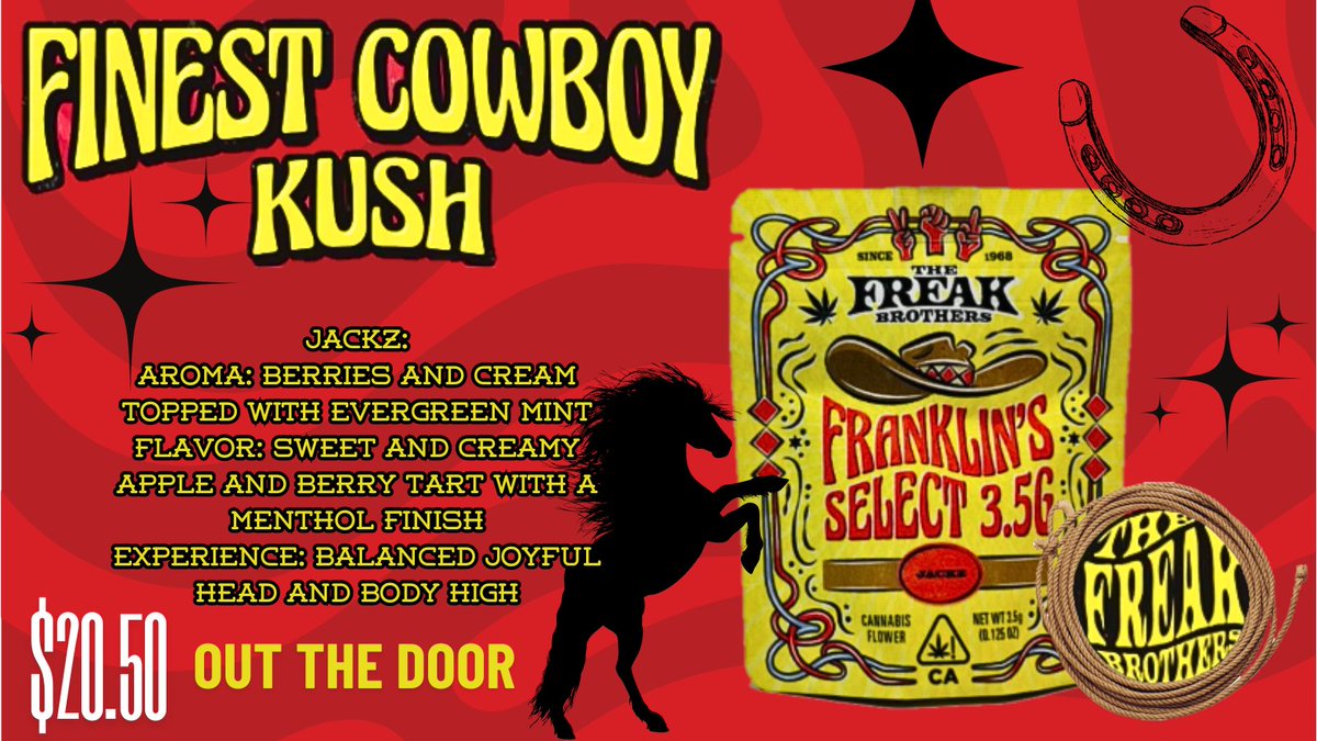 drgreenrx420's tweet photo. Indulge in @FreakBrothers Finest Cowboy Kush! Great taste with an exhale that'll get you higher than a kite in a Texas tornado! #drgreenrx #vista #sanmarcos #encintas #bonsall #fallbrook #420love #dispensarylife #escondido #smoke https://t.co/Vw7TweAduS