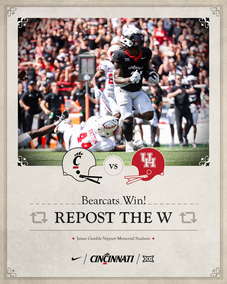 Welcome back to Nippert, Coogs!

The Bearcats roll to a 34-0 victory to open Big 12 play––our first shutout since 2018. Sorsby finishes 12-for-15 for 188 yards and three total TDs.

#Bearcats | <a href="/GoBearcatsFB/">Cincinnati Football</a>