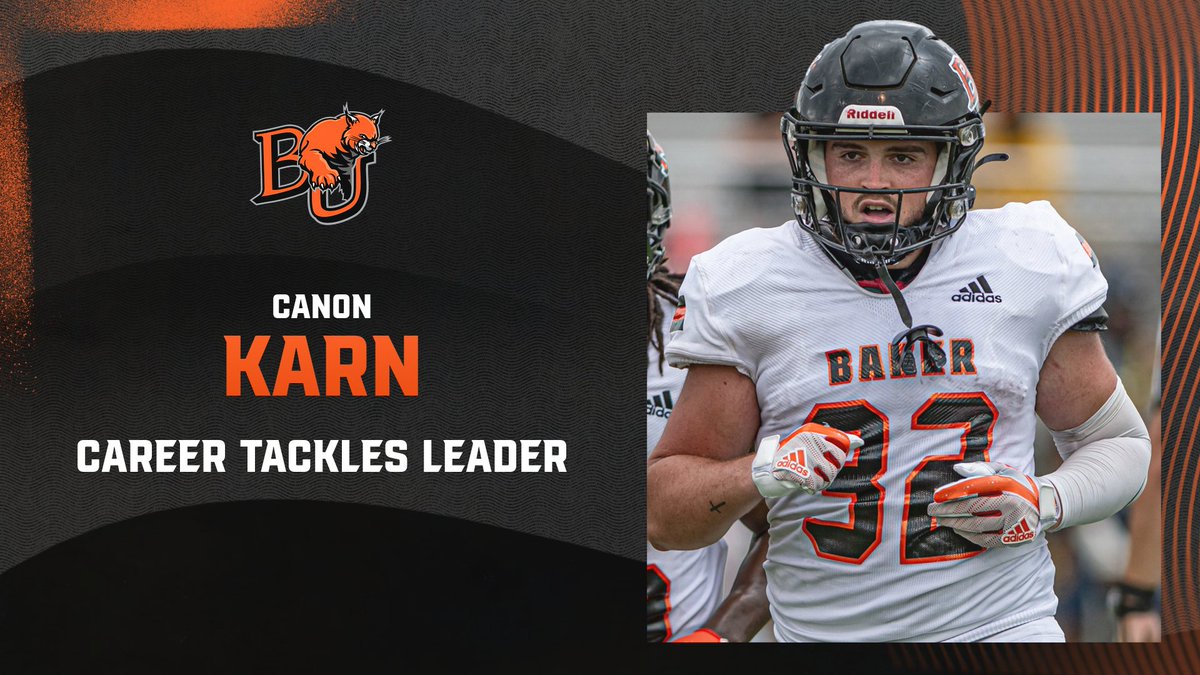 Baker Athletics (@bakerathletics) on Twitter photo FB: Congrats to Canon Karn on becoming <a href="/BakerU_Football/">Baker University Football</a>'s career tackles leader, surpassing Colton Miller (2007-2010) in the record book!
Karn, who was the Heart South Defensive Player of the Year last season, has totaled 285 tackles over his illustrious career here at BU! FB: Congrats to Canon Karn on becoming <a href="/BakerU_Football/">Baker University Football</a>'s career tackles leader, surpassing Colton Miller (2007-2010) in the record book!
Karn, who was the Heart South Defensive Player of the Year last season, has totaled 285 tackles over his illustrious career here at BU!