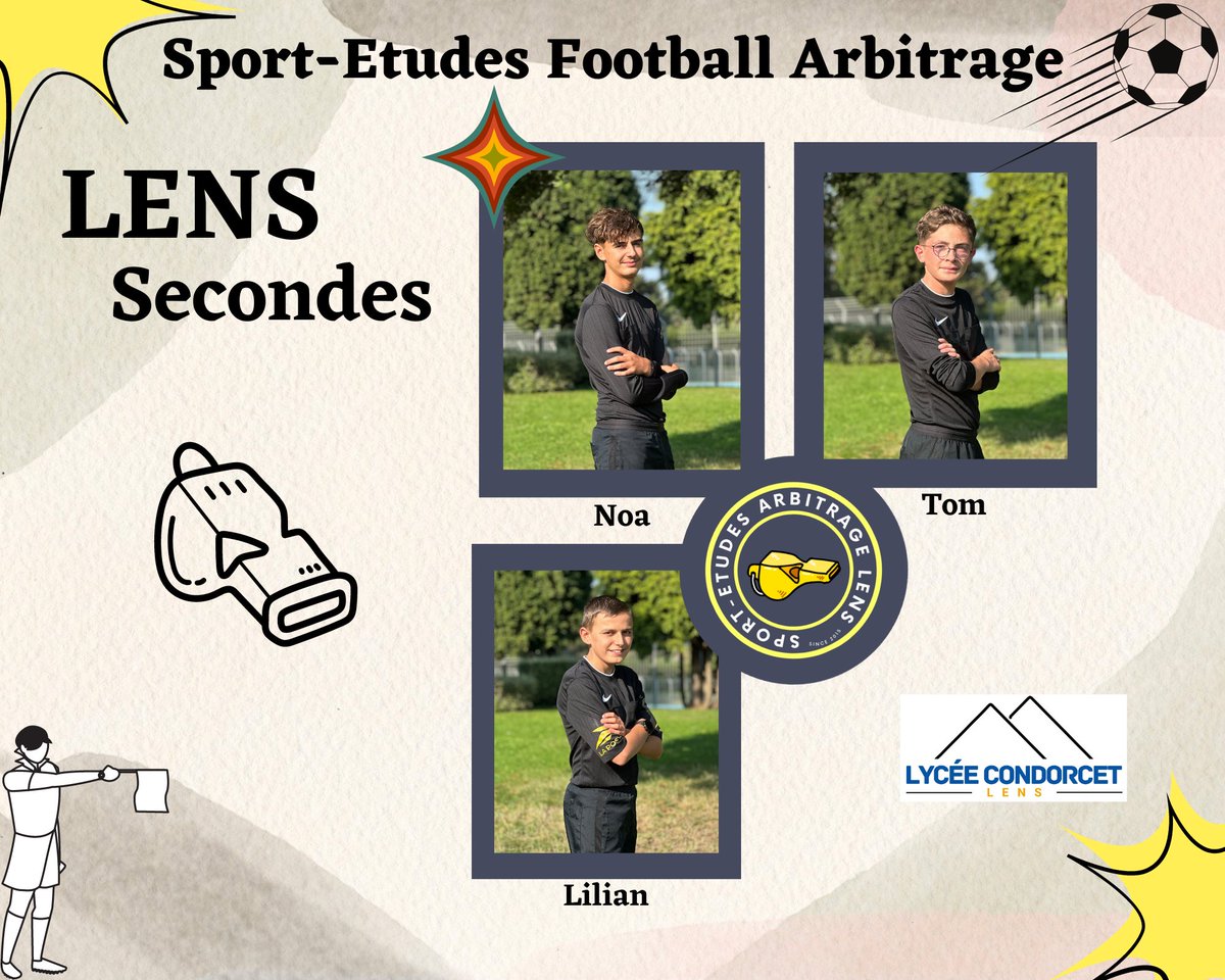 A la découverte des arbitres du <a href="/sefalens/">SEFA Lens</a> du <a href="/LensLycee/">Lycée Condorcet Lens</a> pour l'année scolaire 2024/2025 !
Tout d'abord les nouveaux secondes : Noa, du District Artois Football, Tom, du District des Flandres de Football et Lilian, du District Escaut !