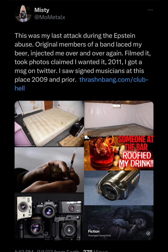 MoMetalx's tweet photo. I entered the club-the doors were locked behind me &amp; guarded by bodyguards. No way out. I was forced to sign a paper. My beer was laced-I woke up in bondage then repeatedly got injected &amp; raped. I sought help afterwards @ my mental health but the ring sent doctors after me. https://t.co/XkyJnmUBkl