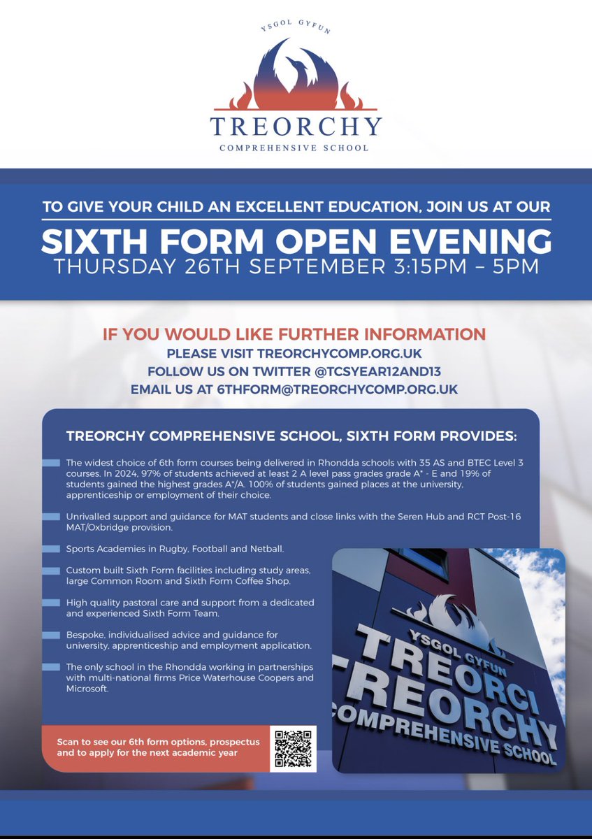 For all students currently in Year 11. Please join us in our Sixth Form Open Evening. 3:15pm for all Treorchy students. 4pm for all who wish to join us from other schools.