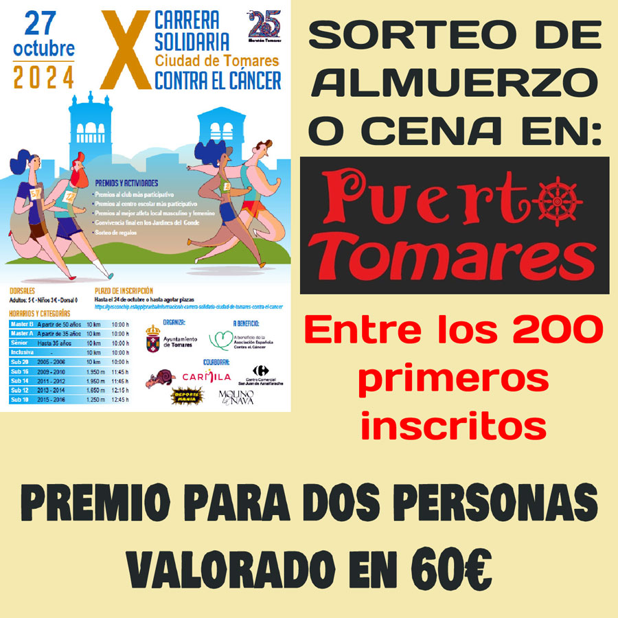 X Carrera Solidaria Ciudad de Tomares contra el Cáncer
27 de octubre de 2024 Tomares, Sevilla
Si tenías dudas por participar, este sorteo debe animarte a hacerlo.
¡No lo pienses más!
corredorespopulares.es/carreras/tomar…
