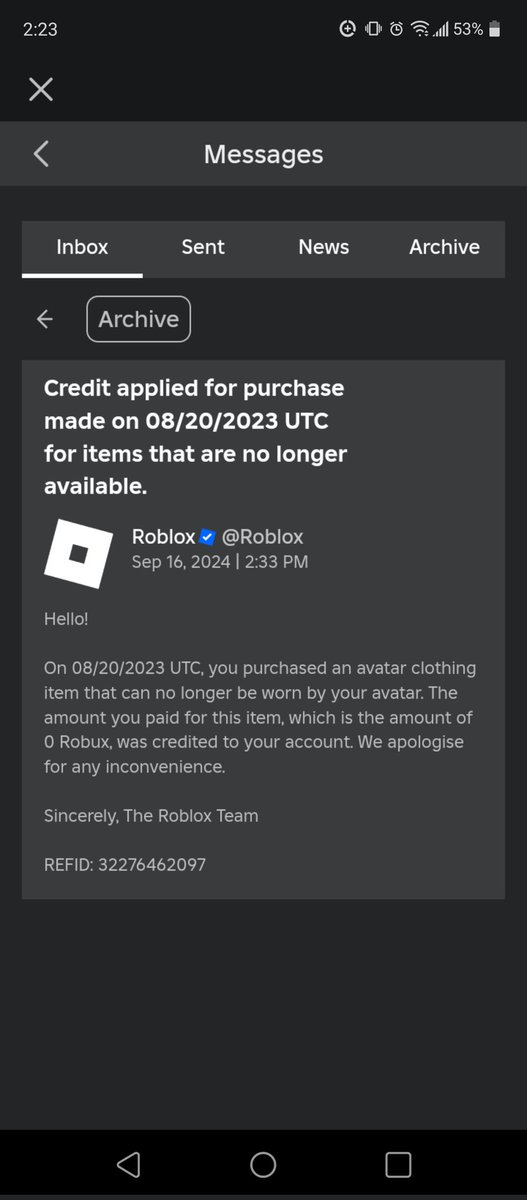 xaph268's tweet photo. @Roblox What is this? I spent 60 robux on a item that y'all removed and did not give the robux back, idk why y'all didn't give me the robux back after spending 20 dollars of my own money on your game? Please give me back 60 or 50 robux. https://t.co/l81tpURnwe