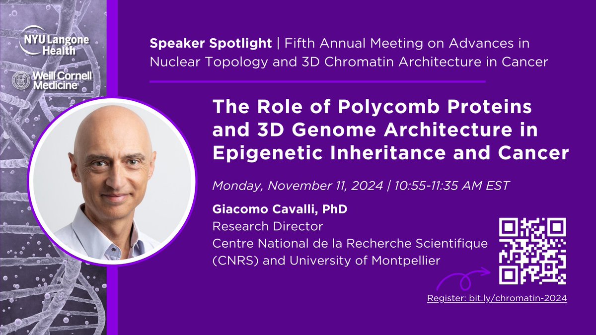 Join us at #chromatin2024! Dr. Giacomo Cavalli (<a href="/CNRS/">CNRS 🌍</a> &amp; University of Montpellier) will present on how polycomb proteins and 3D genome architecture contribute to epigenetic inheritance, offering new insights into epigenetic memory and cancer. Register 👉 bit.ly/chromatin-2024