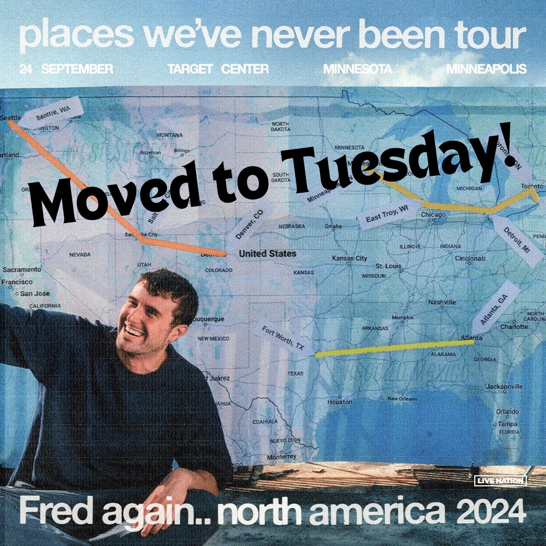 SIMshows's tweet image. Fred again.. has been moved to Tuesday!
Due to the MN Lynx playoff schedule the show has been moved to this Tuesday, September 24th! All current tickets will be honored.
Help us spread the word and qualify to win a pair of tickets:
✅*like* &amp;amp; RT