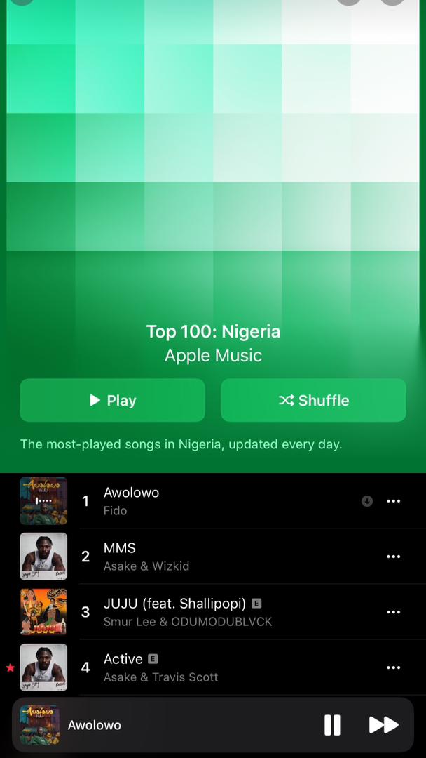 AlbumTalksHQ's tweet image. 📊 NO 1 ON SPOTIFY NG
📊 NO 1 ON APPLE MUSIC NG
📊 NO 1 ON SHAZAM NG 

A Viral Clean Sweep for @MrFidooooo on the charts with “Awolowo”. 👏🏽🚀