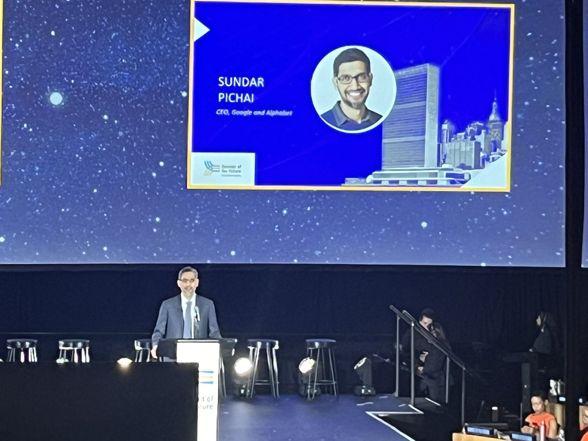 MichaelKende's tweet photo. Google CEO @sundarpichai gave a very impassioned keynote at the UN Summit of the Future digital action day how AI would be transformational, benefit humanity, and help deliver the SDGs, with enabling policy. https://t.co/cIfTCSzHyb