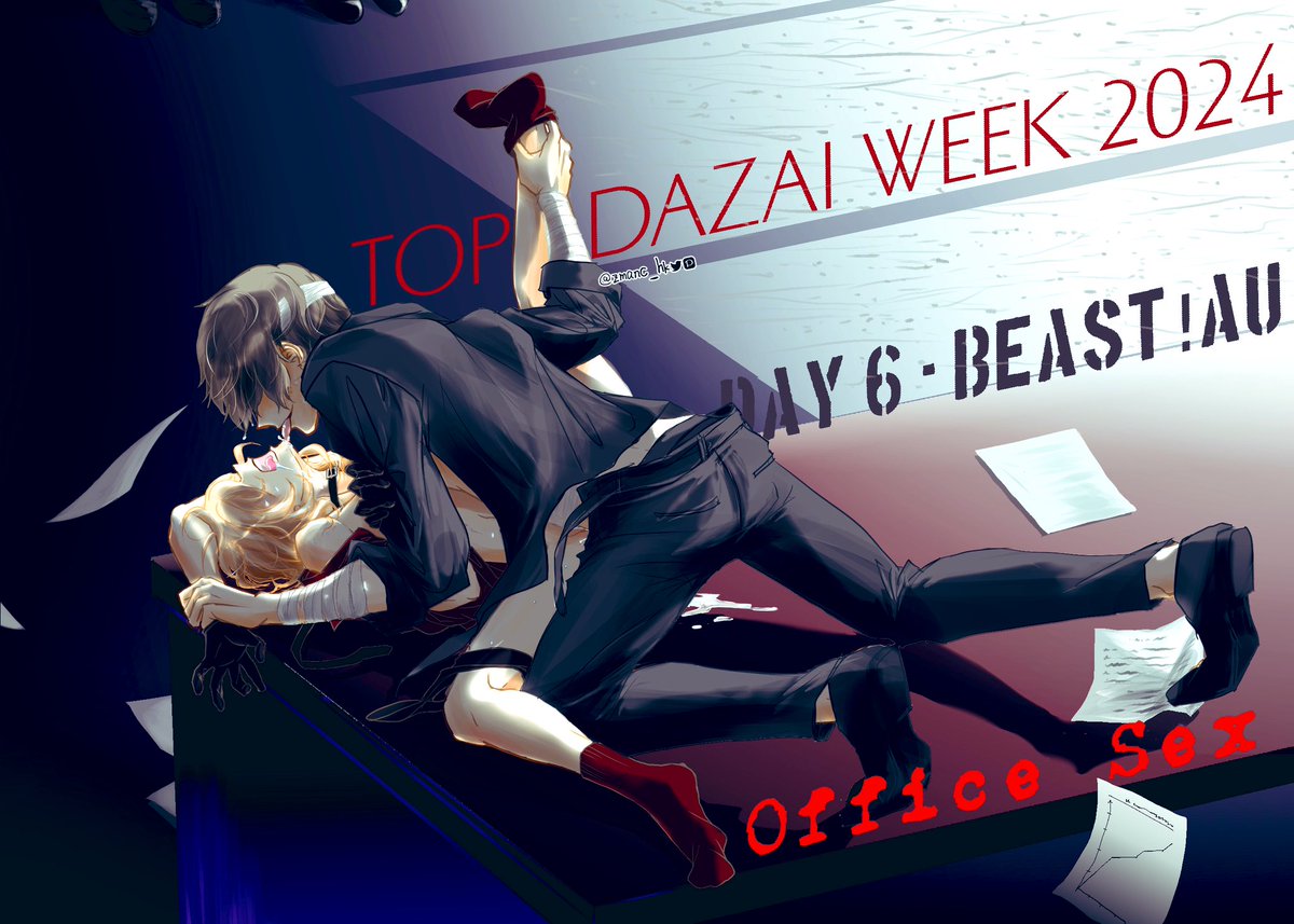<a href="/TopDazaiWeek/">TopDazaiWeek</a> 
Day 6 - BEAST!AU - Office Sex

🎩 thinking there isn’t any point to yell a “Stop!” as his Boss just won’t. Dazai enjoys most tasting his top executive, in front of the fellow Mafia members. 

R18 warning ‼️⚠️ 🫣

#TopDazaiWeek  #TopDazai
#太中 #soukoku