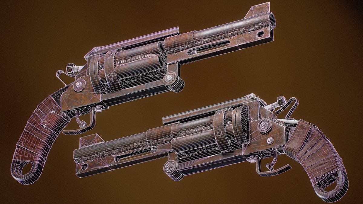 A few have asked for the wireframes for the High Caliber Revolver for Rust. Here are couple of shots, including a closer view of the welds. 

#gamedev #gameart #b3d