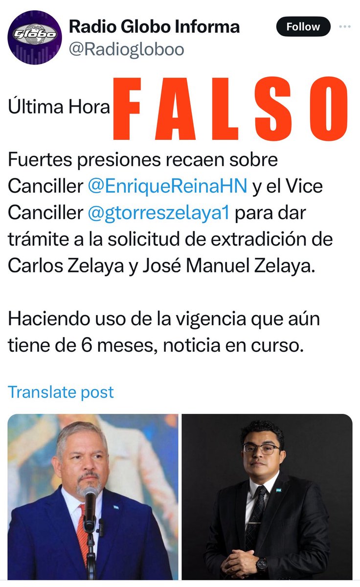 Última hora🚨

<a href="/EnriqueReinaHN/">Enrique Reina</a>, Canciller desmiente la publicación de una página de redes sociales que plagió la identidad de un medio de comunicación y posteaba una fake news.