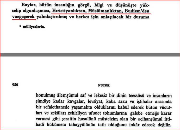 Sb1453's tweet photo. Nutukta şöyle bir kısım geçiyor: 

"... Hıristiyanlıktan, Müslümanlıktan, Budizm'den vazgeçerek yalınlaştırılmış ve herkes için anlaşılacak bir duruma konulmuş âlemşümul saf ve lekesiz bir dinin teessüsü ..."

Acaba, bahsedilen bu dinler içinde "Yahudilik" neden yok ? https://t.co/JxbsHO5g12