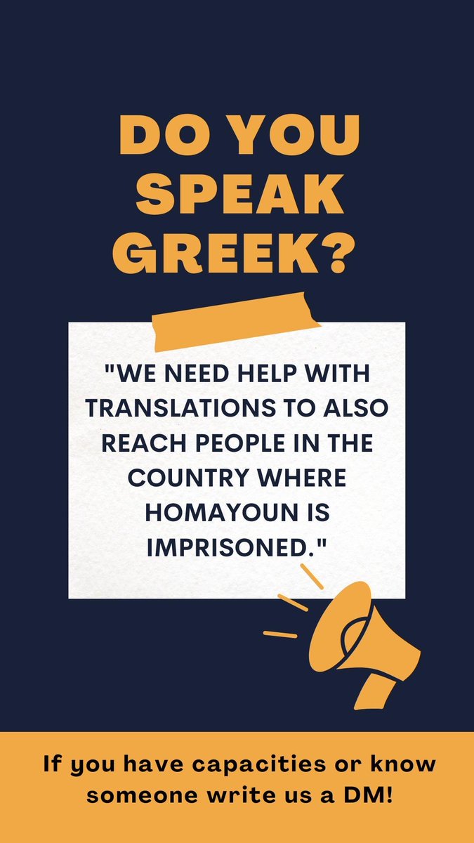 freehomayoun's tweet photo. We need help reaching Greek speakers! 🇬🇷 
Homayoun’s story needs to be heard in the country where he’s imprisoned. If you can help with translations or know someone who can, please DM us! 🙏 
#FreeHomayoun #Solidarity #TranslationSupport https://t.co/OlHjIkIADt