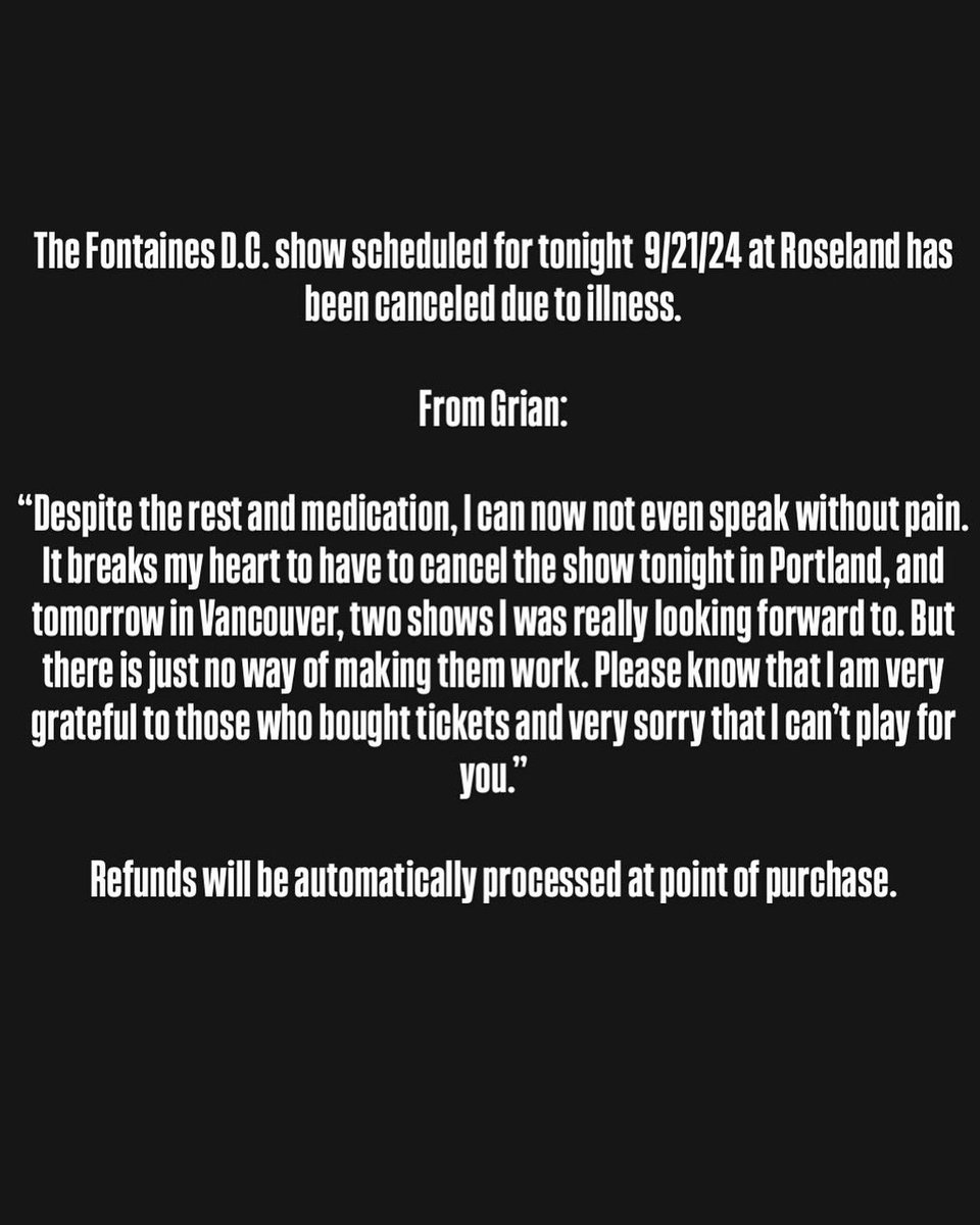 🚨 Tonight’s <a href="/fontainesdublin/">Fontaines D.C.</a> show has been cancelled due to illness. Tickets purchased via ETIX are being automatically refunded.