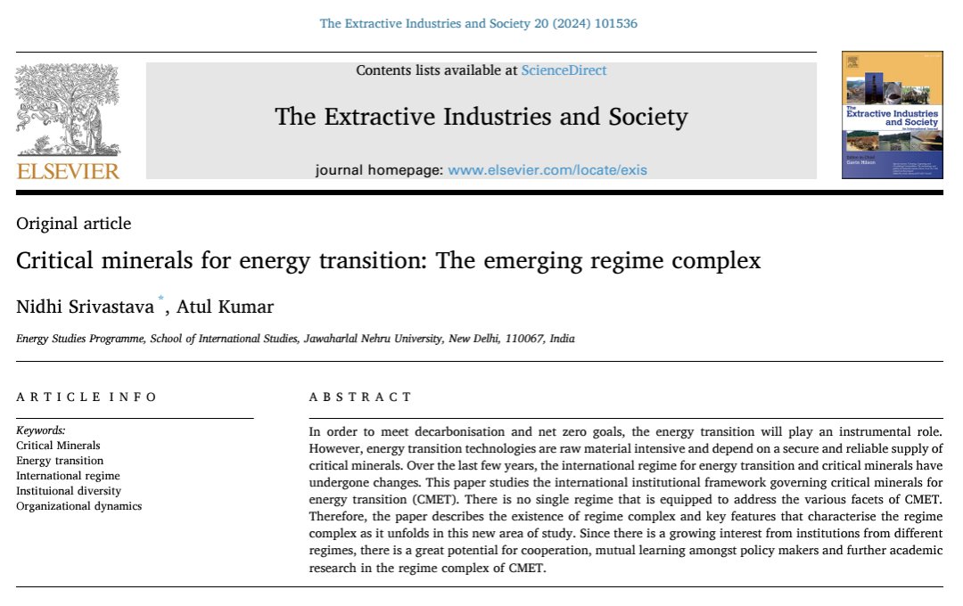 The 8th article from our special issue is now live!  

<a href="/sriv_nidhi/">Nidhi Srivastava</a> &amp; Kumar examine the 'regime complex' to explore changes and the potential of international regimes for energy transition and critical minerals. doi.org/10.1016/j.exis…

#CriticalMinerals #JustTransition #EXIS