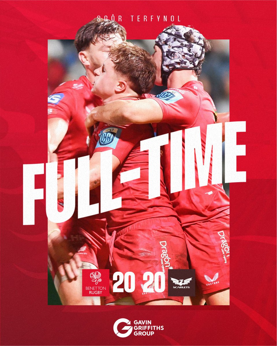 scarlets_rugby's tweet photo. FINAL SCORE | SGÔR TERFYNOL

🟢 Benetton Rugby 20
🔴 Scarlets 20

Huge effort, but Scarlets denied at the end and have to settle for draw.

Ymdrech enfawr, ond mae'r sgôr yn gyfartal ar y chwiban olaf.

#YmaOHyd #BENvSCA #BKTURC https://t.co/kw2QjhYGWr