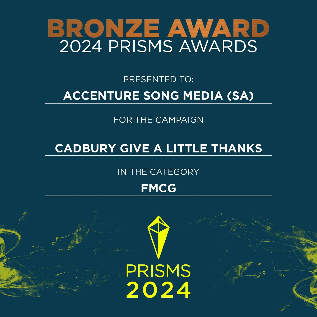 theprismawards's tweet photo. Congratulations to our PRISMS 2024 FMCG category winner!

Bronze: Cadbury Give A Little Thanks - Accenture Song Media (SA)

#PRISMS2024 https://t.co/7BvgJ0Ndof