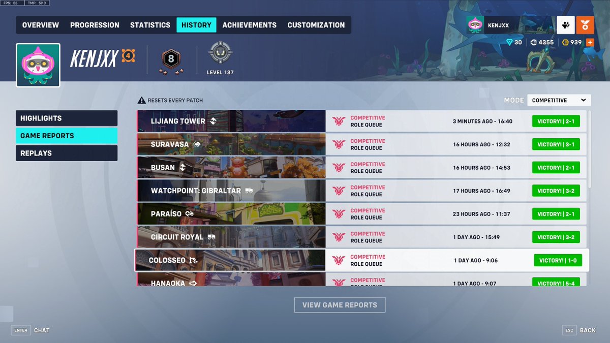 I am currently on a generational run in Overwatch competitive solo queue (Support and Tank). 13 wins in a row!! 
Whenever I do fall, it'll be on top of the world