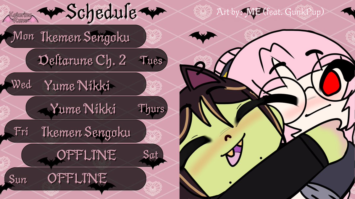kittyvaniaVT's tweet photo. Stream schedule for 9/23 - 9/29!
Tags~
Gen: #KatarinaRune
Live: #RuneLIVE
Clips: #KataClips
Art: #RunieArt
Art by me feat. the bestie @GunkPup <33 https://t.co/ZXNJGbH9IJ