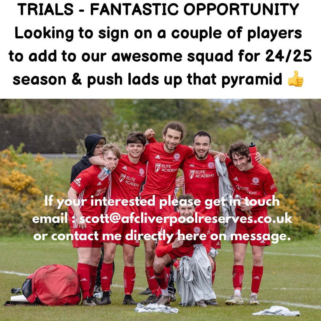 AFC Liverpool Reserves (@afcliverpoolres) on Twitter photo EXCITING OPPORTUNITY
We are still looking to expand our squad following the huge success of last seasons pathway promotions up into counties football and further plus scholarships in the USA.
Contact me direct to get involved.
<a href="/AFCLiverpool/">AFC Liverpool🔴⚪️⚽️</a> PROVEN #PlayerPathway <a href="/LCPL2012/">Liverpool CPL</a> EXCITING OPPORTUNITY
We are still looking to expand our squad following the huge success of last seasons pathway promotions up into counties football and further plus scholarships in the USA.
Contact me direct to get involved.
<a href="/AFCLiverpool/">AFC Liverpool🔴⚪️⚽️</a> PROVEN #PlayerPathway <a href="/LCPL2012/">Liverpool CPL</a>