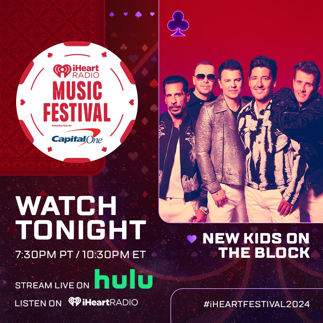 NKOTB's tweet photo. VEGAS ARE YOU READY! Tonight is the @iHeartRadio Music Festival! Stream only on @hulu starting at 7:30pm PT! #iHeartFestival2024 https://t.co/yOeTfrztqv