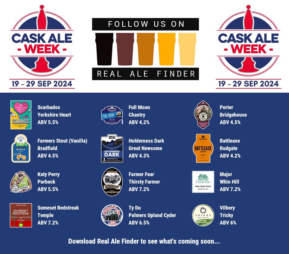 On the bar today!
Beer Board: bit.ly/3ozQGbs
#CaskAleWeek <a href="/caskaleweek/">Cask Ale Week</a> <a href="/Yorkshire_Heart/">Yorkshire Heart</a> <a href="/ChantryBrewery/">Chantry Brewery</a> <a href="/BBrewery/">Bridgehouse Brewery</a> <a href="/BradfieldBrew/">Bradfield Brewery</a> <a href="/greatnewsome/">Great Newsome Brewery</a> <a href="/rudgatebrewery/">Rudgate Brewery</a> <a href="/PurbeckCiderCom/">PurbeckCiderCompany</a> <a href="/ThirstyFarmer1/">Thirsty Farmer</a> <a href="/WhinHillCider/">Whin Hill  Norfolk Cider Ltd</a> <a href="/CiderTemple/">Temple Cider</a> #PalmersUpland <a href="/trickyciderco/">Now @trickycider</a> 
#RealAleFinder