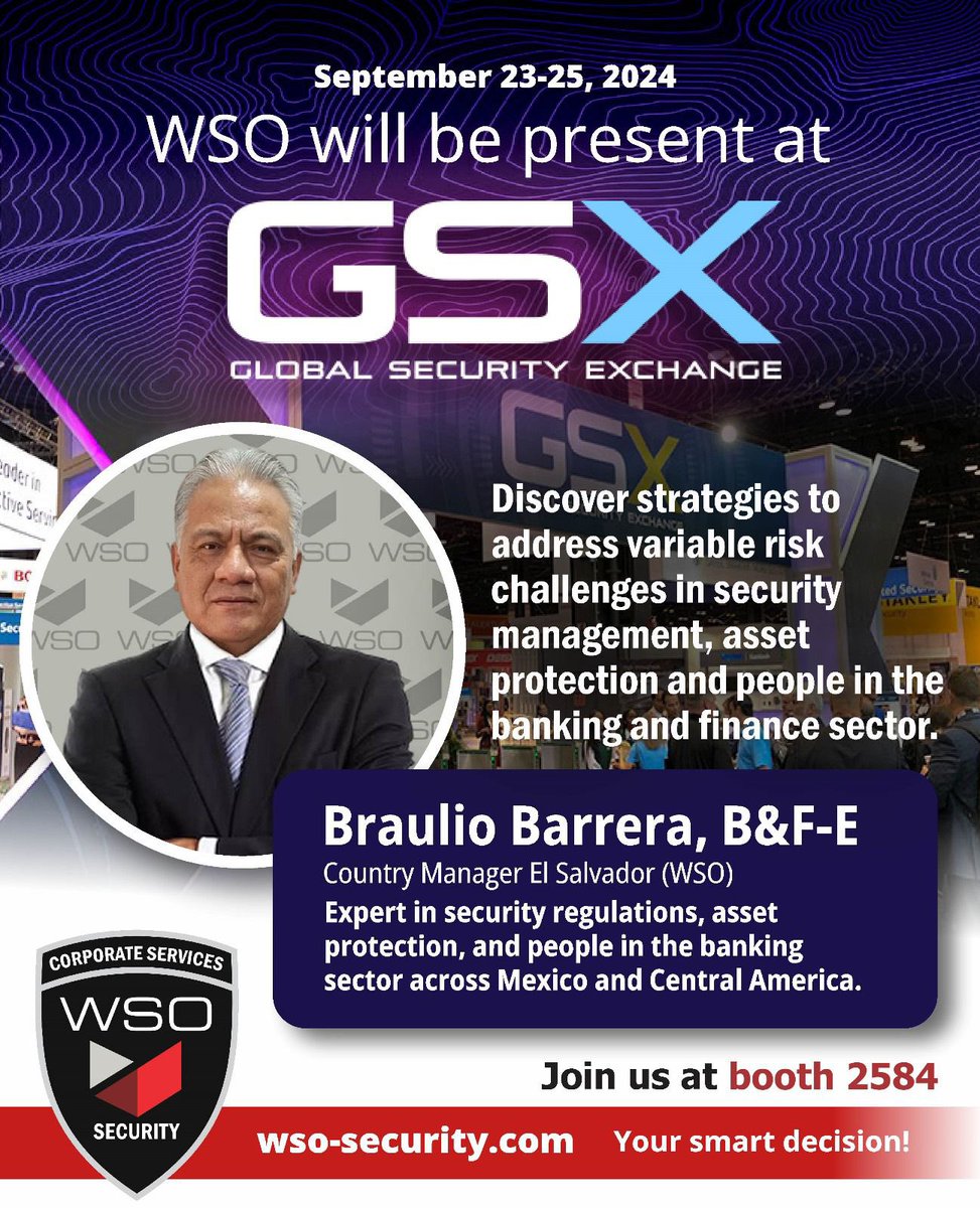 WSO_Security's tweet image. Discover strategies to address variable risk challenges insecurity Management, asset protection on people in the banking and finance sector
Braulio Barrera, B&amp;amp;F-E
Country manager, El Salvador  (WSO)