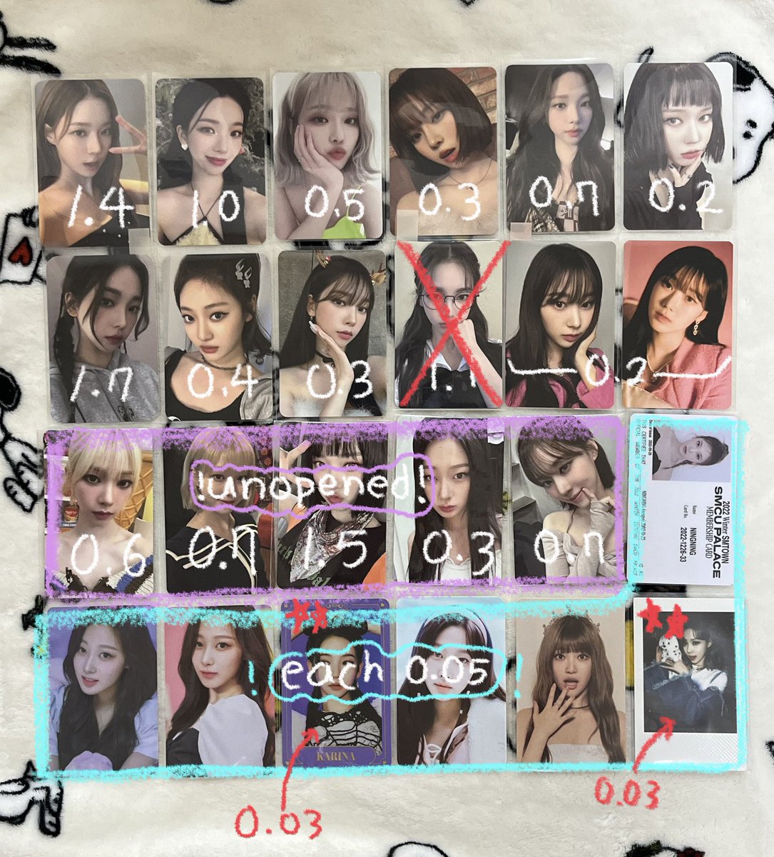 oee_rmy's tweet photo. 에스파 포토카드 포카 양도 판매합니다!
>0.5 이상만 거래< 모든 인증 가능🙆‍♀️
큰 하자는 없지만 너무 예민하신 분들은 ❌
배송방법은 우체국이나 반택만 가능해요!
편하게 dm🙇☺️

aespa photocard pc sell karina giselle winter ningning 카리나 지젤 윈터 닝닝 lts 트레카 trading card girls smcu https://t.co/x49KQj3HBi