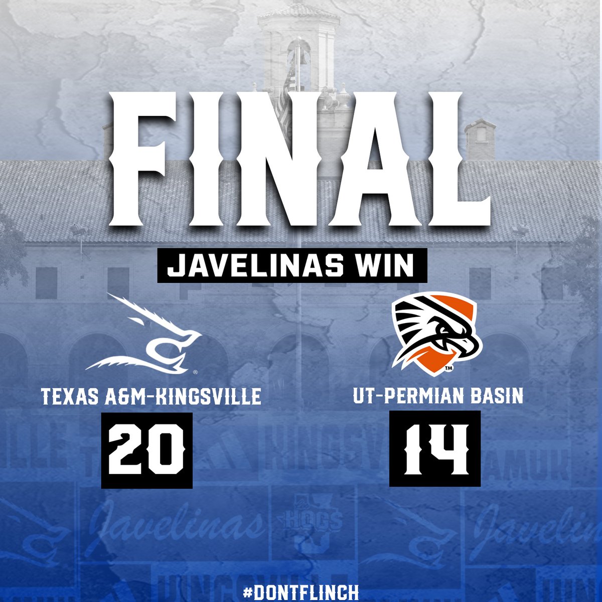 FINAL, JAVELINAS WIN!

Texas A&amp;M-Kingsville takes down reigning Lone Star Conference Champion UTPB, 20-14!

#DontFlinch