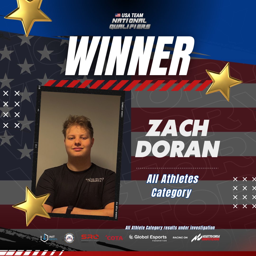 🏆💥 Huge congratulations to Zach Doran, our All Athletes Qualifier winner, and Ruby Acosta, our Female Qualifier winner! 💥🏆

Let’s give it up for their amazing performance! 👏👏

#SimRacing #AllAthletes #Champion #USEF.GG #USATEAM #GEG <a href="/QueensEsport/">Queens' Design</a>