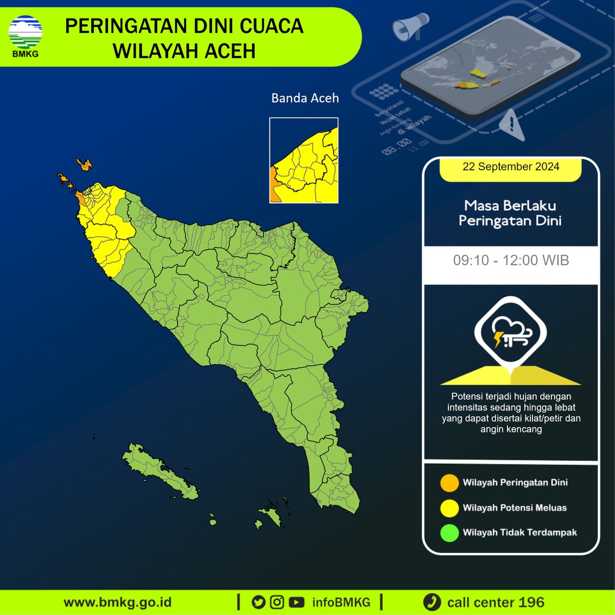 infoBMKG's tweet photo. Update Peringatan Dini Cuaca Wilayah - Aceh Tgl. 22 September 2024 pkl. 09:10 WIB
Prakirawan - BMKG - Aceh
https://t.co/aLGQan6XsM https://t.co/49TjBl9jTQ