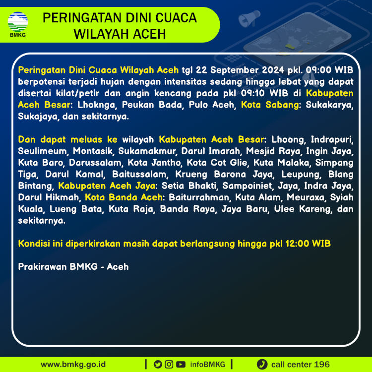 infoBMKG's tweet photo. Update Peringatan Dini Cuaca Wilayah - Aceh Tgl. 22 September 2024 pkl. 09:10 WIB
Prakirawan - BMKG - Aceh
https://t.co/aLGQan6XsM https://t.co/49TjBl9jTQ