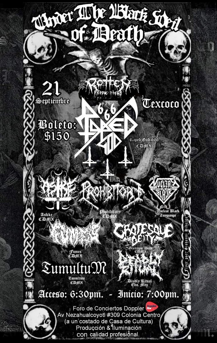 LlamadoBestia's tweet photo. Hoy en el @DopplerBar
se presenta #RAPEDGOD666 junto con #ASKKE #Prohibttory #GrotesqueDeity #NuclearBlack #Fumes #Tumultum y #DeadlyRitualMx. https://t.co/wz0C5Lpo78