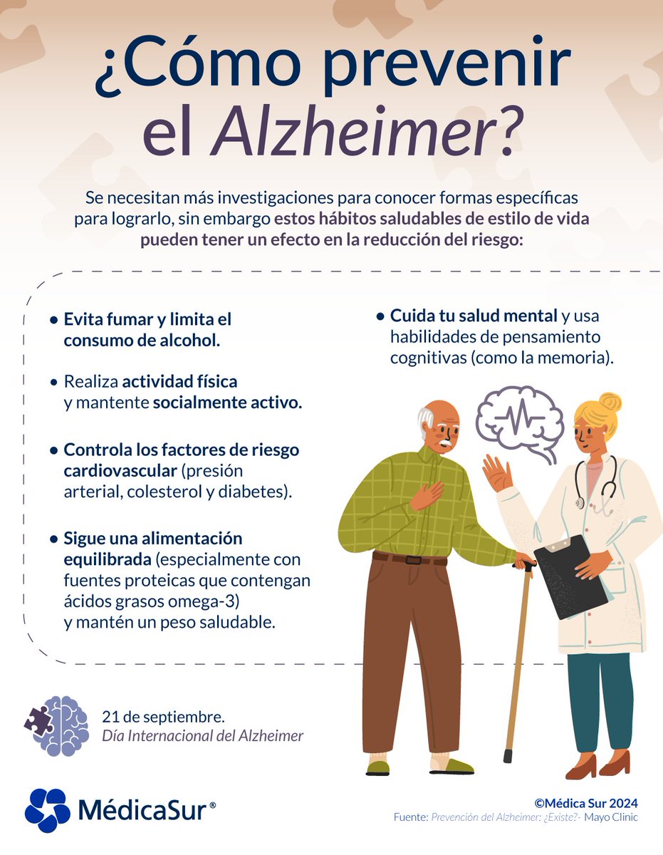 medicasur's tweet photo. ¿Sabes qué acciones pueden promover una buena salud #cerebral? Esta es fundamental en la prevención del #Alzheimer ya que fortalece las conexiones #neuronales. Descubre más información.
#DíaInternacionalDelAlzheimer https://t.co/87rJOgQ8rp