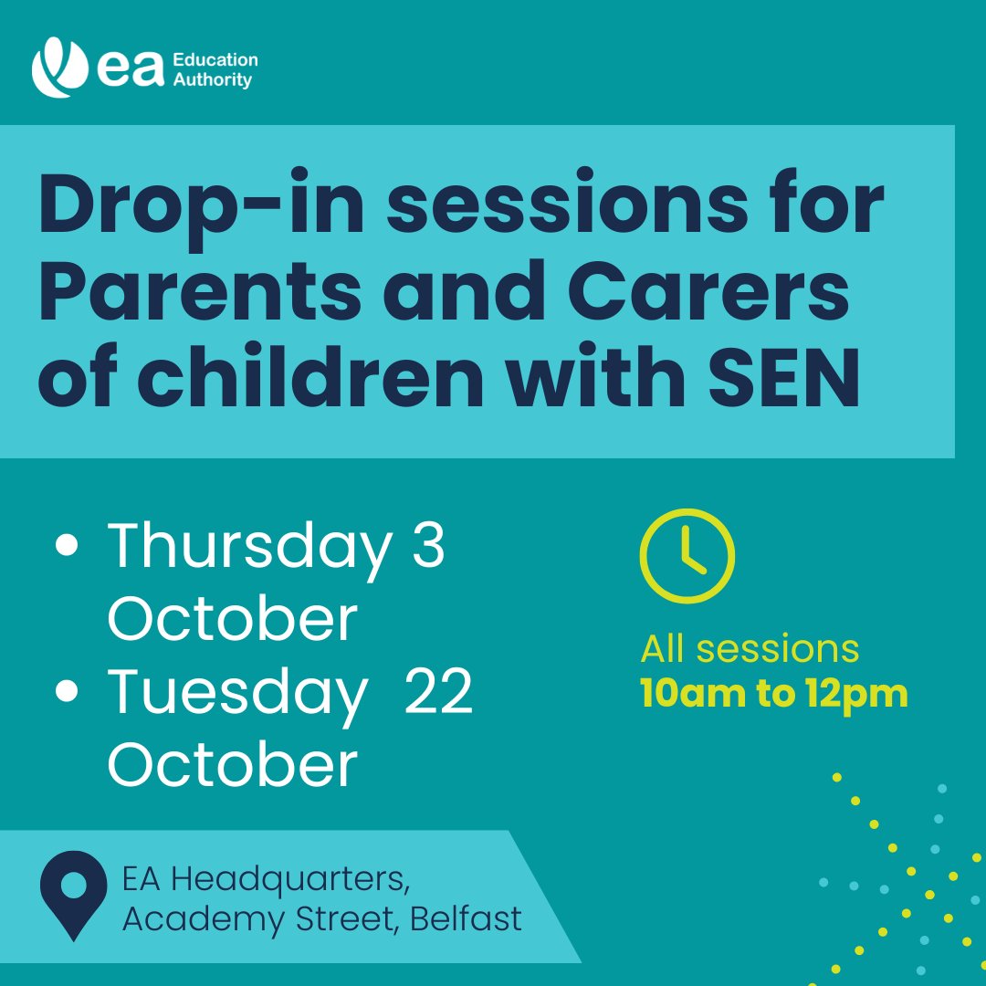 The EA Statutory Assessment &amp; Review Service (SARS) team have announced further drop-in sessions in Belfast for parents and carers of children who are undergoing the statutory assessment process or who are at a transitional stage of their educational journey.