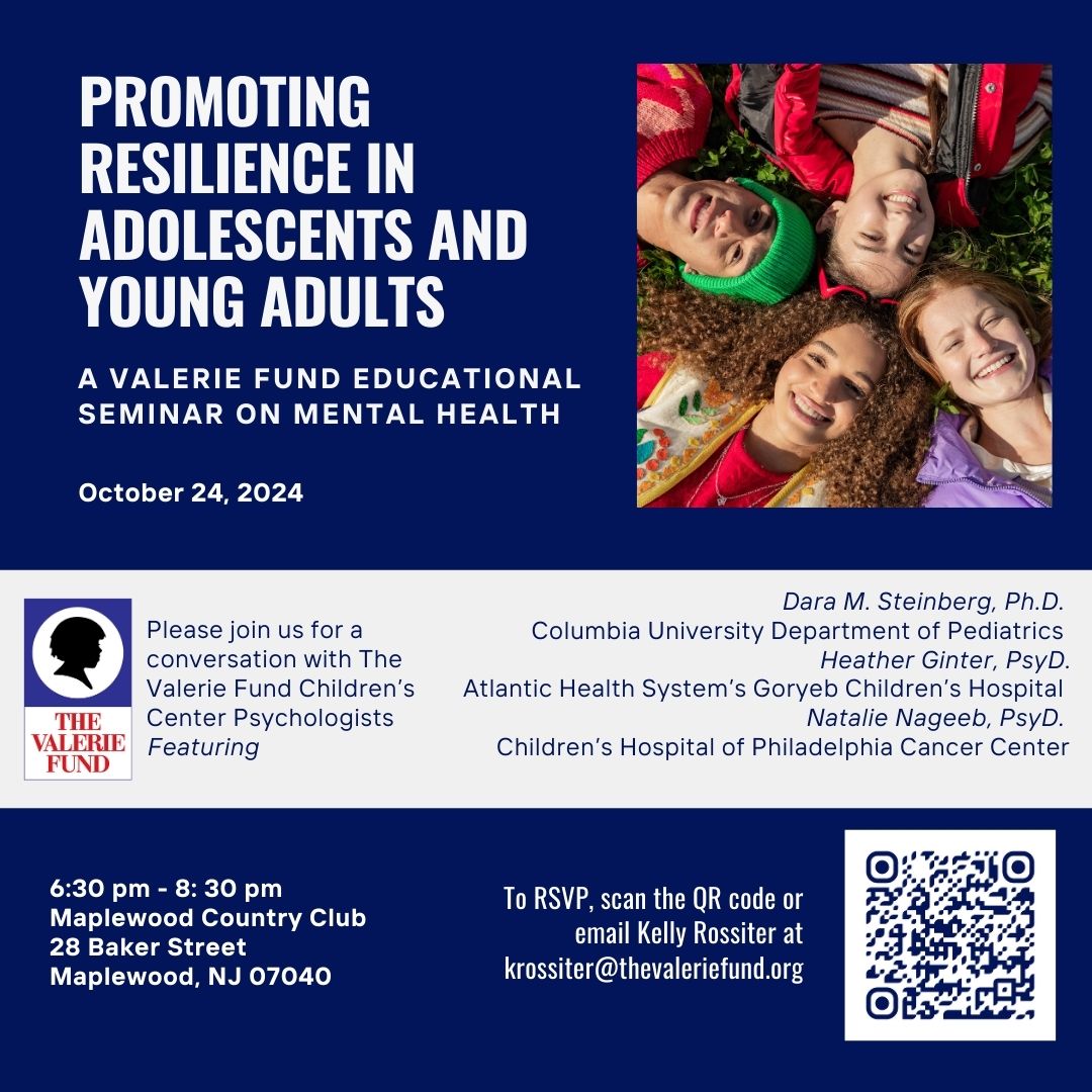 TheValerieFund_'s tweet photo. Join us for a conversation with The Valerie Fund Children’s Center Psychologists about managing all the stressors of adolescence and young adulthood. Let’s help build strength and resilience. This is a free, non-solicitation event. 
RSVP here https://t.co/l0IHxBoC3E https://t.co/cu0W8Qrow2