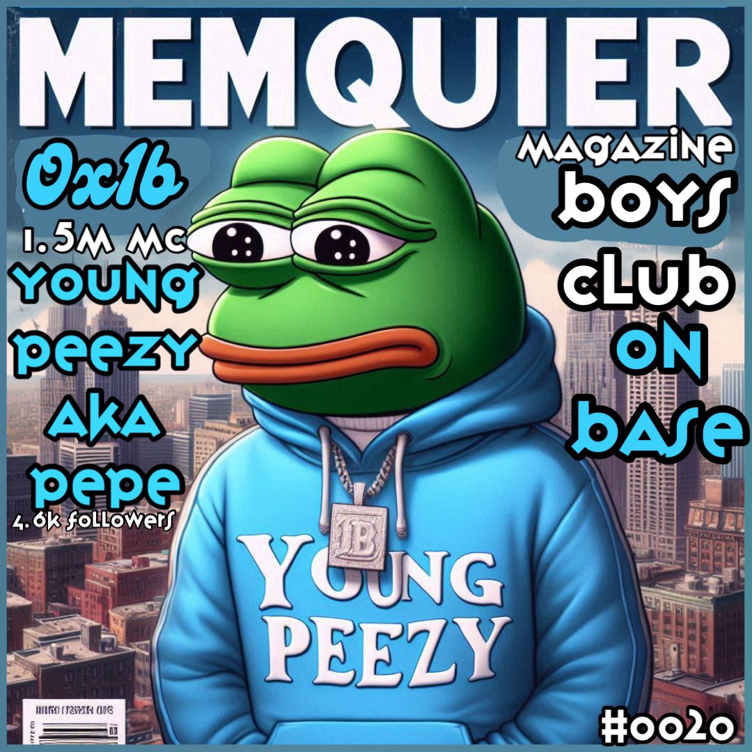 pepeLuciFrog's tweet photo. βπ¨ MEMQUIRER MAGAZINE ISSUE #0020 π¨ Featuring Young Peezy aka Pepe on Base 0x1b! πΈπ₯ 1.5M MC and 4.6K Twitter followers! π #YoungPeezy #PepeOnBase #MemeCoin #Pepeverse @YoungPeezy_Pepe #BoysClub #PEPE #MemeToken #MemeCoin #Base #MemeCycle2024 #MemeMania #PepeLuc https://t.co/TEiQdk82Td