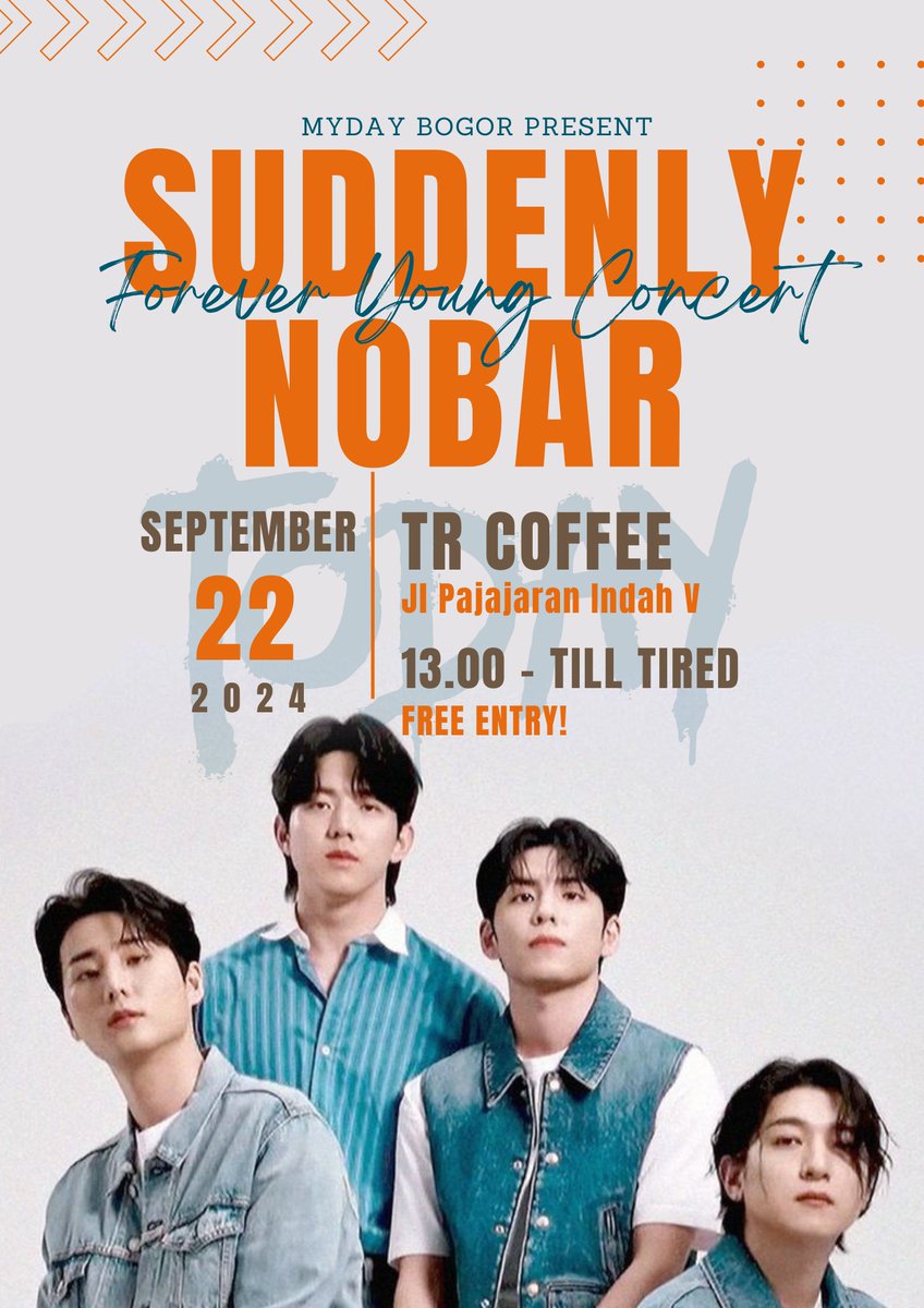 Hello MYDAY Bogor dan sekitarnya!

Suddenly Nobar : Forever Young In Incheon

- Hari : Minggu, 22 September 2024 (HARI INI BANGET)
- Lokasi : TR Coffee - maps.app.goo.gl/Yo7uUxeMD29AQ6…
- Waktu : 13.00 - Till Tired

FREE ENTRY! Asal jajan yak😝🤘🏻

*note
Siapkan segala aksesoris dan