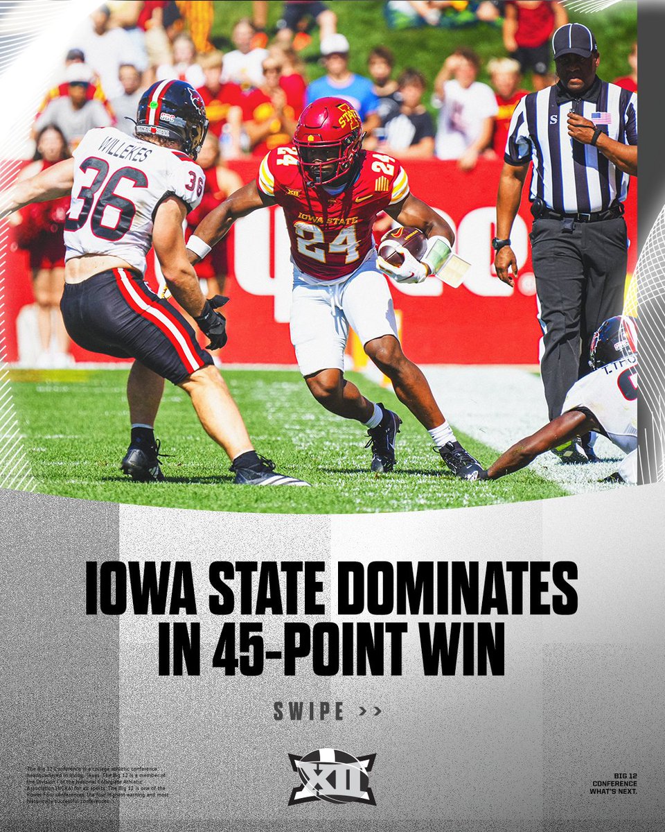Big12Conference's tweet photo. Iowa State scored FIFTY-TWO points en-route to a dominant home victory...

...so here's two minutes and twelve seconds of scoring cinema to celebrate 🌪️

#Big12FB | @CycloneFB https://t.co/bIr8Owtaa8
