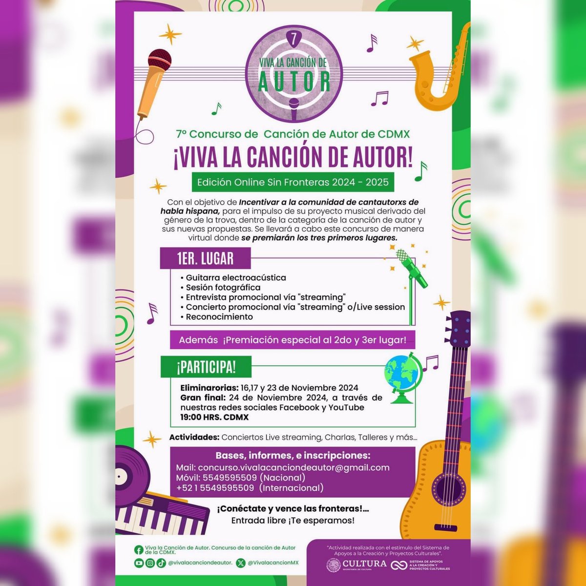 #CANTAUTORES de México y otros países. Aquí la CONVOCATORIA del 7° concurso para #cantautoras/es de la ciudad de México  👇
goo.su/Tiwfoux

INSCRIPCIÓN GRATUITA: Este concurso es realizado con el estímulo del sistema de Apoyos a la Creación y Proyectos Culturales.