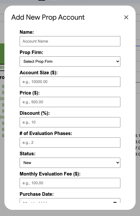 Currently working on an automated google spreadsheets tool to control costs and revenue for several #trading prop accounts. 
Use exclusively via dropdown menu in the header and dynamic input masks, the rest is calculated automatically.
