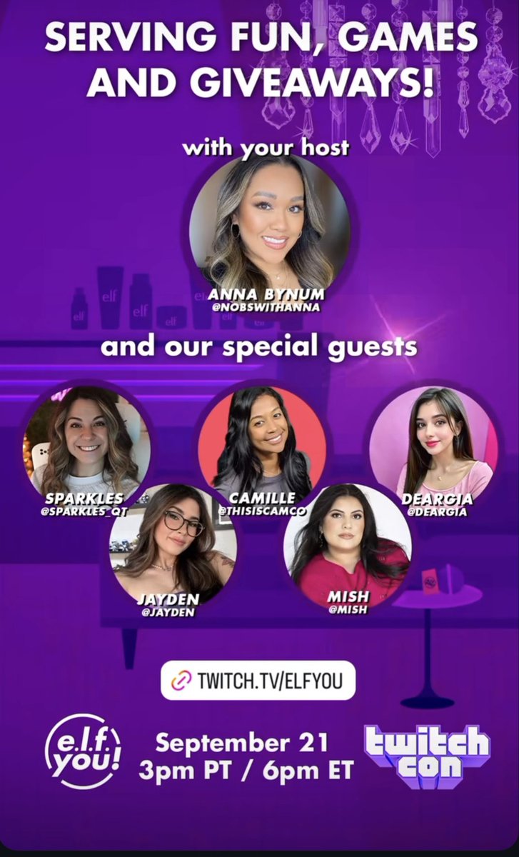 Saturdays at Twitchcon are for The Lounge with <a href="/elfcosmetics/">e.l.f. Cosmetics</a> &amp; friends 🙌! 

LIVE NOW 
twitch.tv/elfyou

<a href="/NoBSwithAnna/">Anna B</a> <a href="/probablymish/">Mish</a> <a href="/JustJydn/">jayden</a> <a href="/sparkles_qt/">100T Sparkles_qt</a> <a href="/deargiaa/">gia</a> <a href="/thisiscamco/">Camille Salazar Hadaway</a>