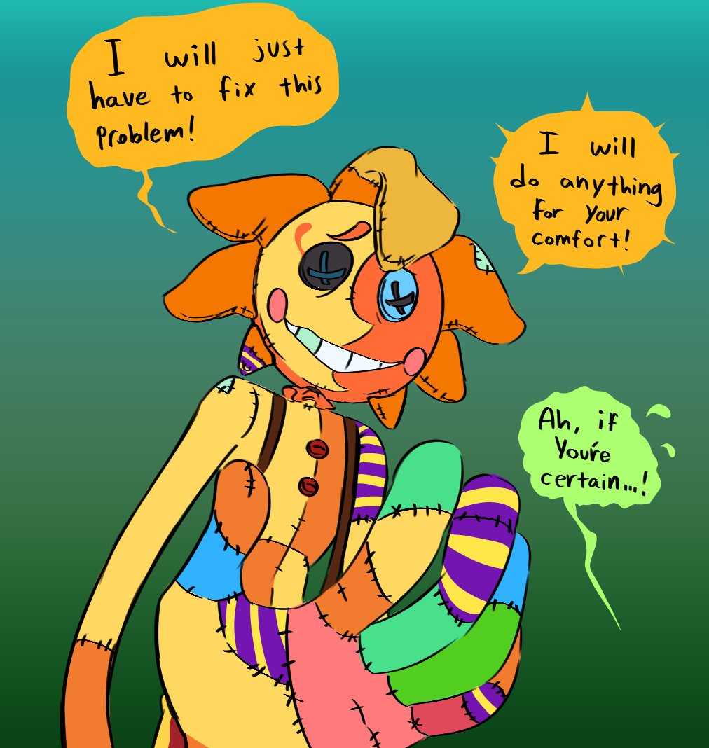 Why Patch wears gloves now </3 
People with albinism tend to have sensitive eyes, and Odelyn couldn't handle the cluster of fabric colors around his new repairs after his hands got very cut up. 