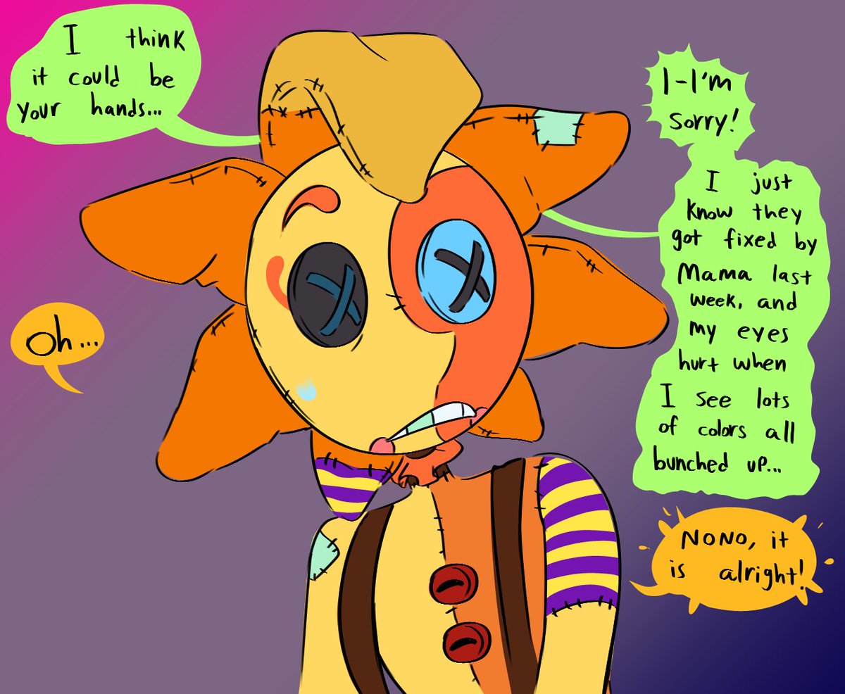 Why Patch wears gloves now </3 
People with albinism tend to have sensitive eyes, and Odelyn couldn't handle the cluster of fabric colors around his new repairs after his hands got very cut up. 