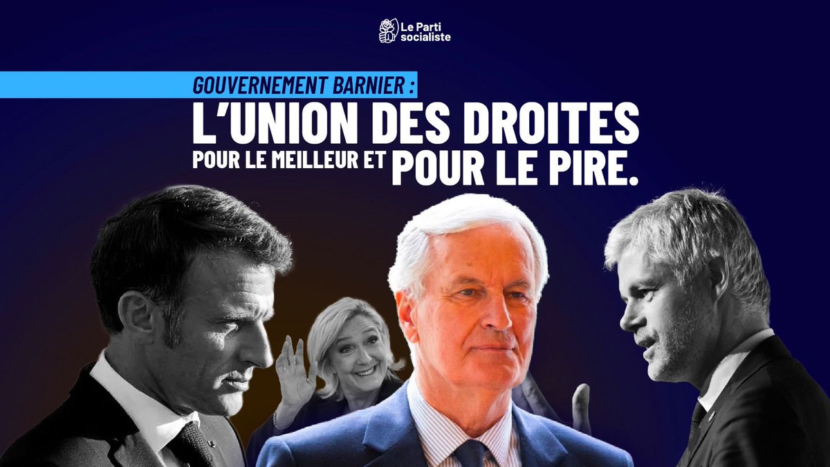 partisocialiste's tweet photo. 🔴 La droite dure est désormais au pouvoir, au mépris de la démocratie.

Le #GouvernementBarnier officialise l’union des droites.

Les socialistes seront au rendez-vous pour la #Censure https://t.co/QlAaT78wYk