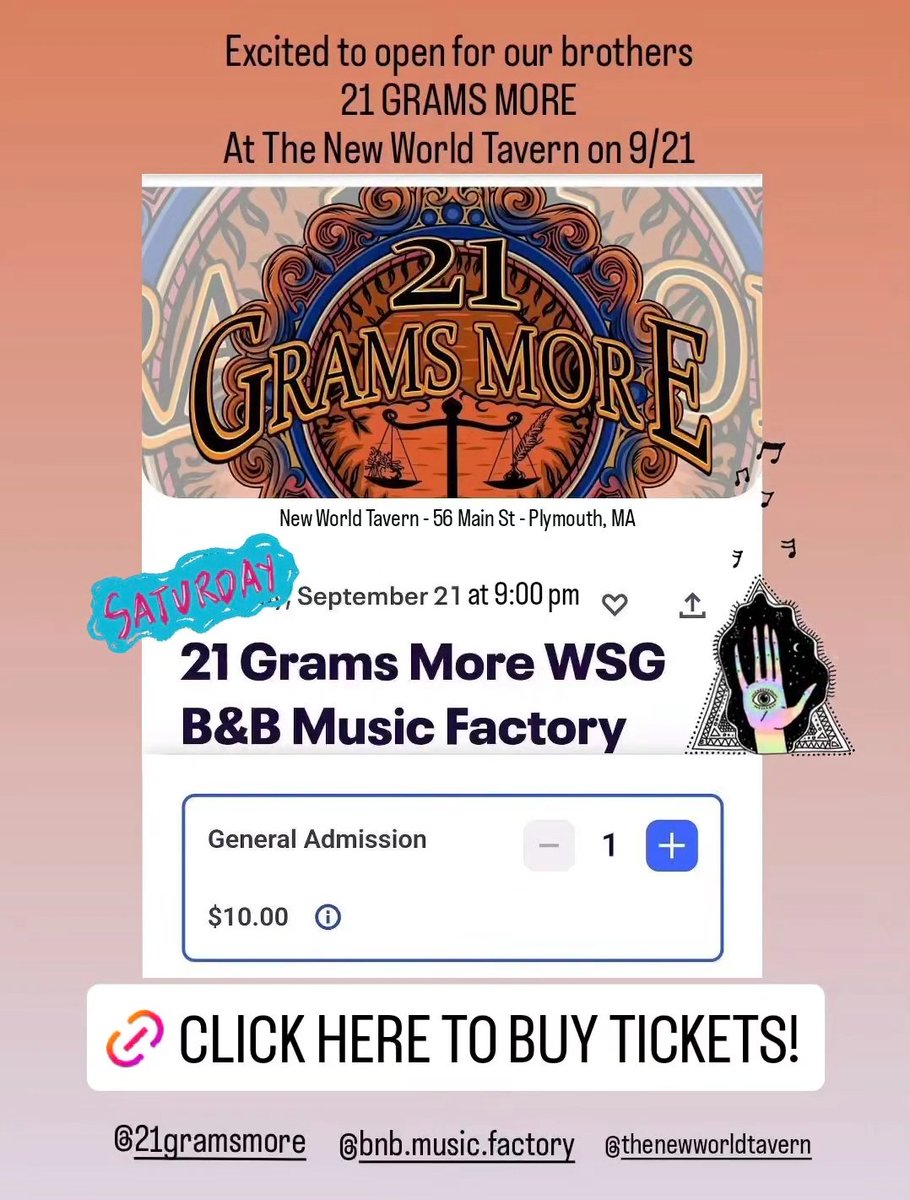 SAT. 9/21: Opening for 21 Grams More at The New World Tavern - original rock music on Main Street in Plymouth, MA, starting at 9:00 - Limited tickets left! Ticket link below! See you soon!🤘🏽🎶

#bnbmusicfactory 
#21gramsmore
#livemusic #rock

TICKET LINK:
eventbrite.com/e/21-grams-mor…